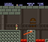 Luigi approaching a Fire Bar in World A-4.