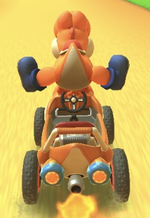 Orange Yoshi performing a trick.