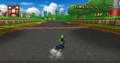 Luigi racing on the unused GCN Mario Circuit replica track