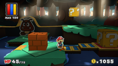 Mario in front of the revealed stairs in Mondo Woods of Paper Mario: Color Splash.