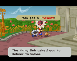 Mario getting the Present from Bub in Poshley Heights of Paper Mario: The Thousand-Year Door.