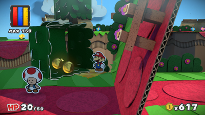 Mario near the fallen tree in Ruddy Road of Paper Mario: Color Splash.