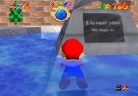 Screenshot of the plaque on the star statue in the courtyard of Peach's Castle in Super Mario 64, famous for supposedly reading "L is real 2401"