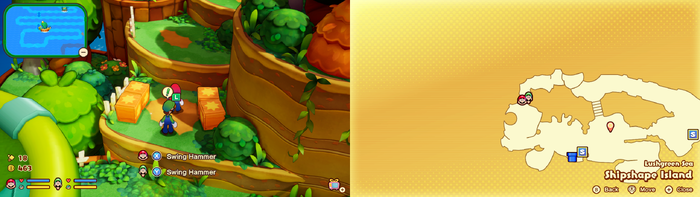 Mario and Luigi near wooden crates containing 2 Coins and a Mushroom on Shipshape Island of Mario & Luigi: Brothership.