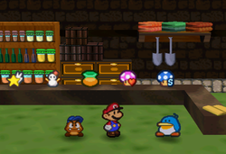 Image of Mario and Goombario in Shiver Shop in Shiver City, in Paper Mario.