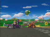 Wario, Waluigi, Donkey Kong, and Diddy Kong racing on Luigi Circuit
