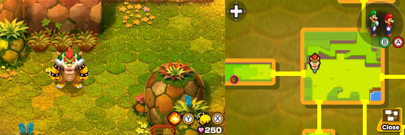 Bowser near three clumps of grass containing 2 Five Coins and a 10-Coin in Bumpsy Plains of Mario & Luigi: Bowser's Inside Story + Bowser Jr.'s Journey.