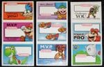 Label stickers from Kellogg's featuring Larry Koopa, Ludwig von Koopa, Mario, Super Koopas, and Yoshi.