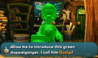 The future Professor E. Gadd introduces Gooigi in the Nintendo 3DS remake of Luigi's Mansion.