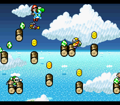 Yoshi and Baby Mario are targeted by Green Gloves in the level Kamek's Revenge