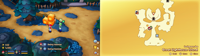 Mario and Luigi near wooden crates containing a Five Coin on Great Lighthouse Island of the Lushgreen Sea of Mario & Luigi: Brothership.
