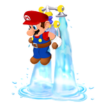 Artwork of Mario using F.L.U.D.D.'s Hover Nozzle in Super Mario Sunshine