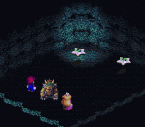 Bowser throws Mario with the Hurly Gloves in Super Mario RPG: Legend of the Seven Stars