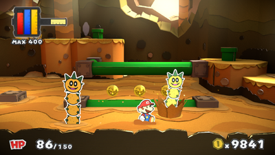 Mario near 3 Coins in Mustard Café of Paper Mario: Color Splash.
