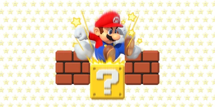 Picture of Mario pounding a ? Block, shown with the sixth question of the Fun Bowser Personality Quiz