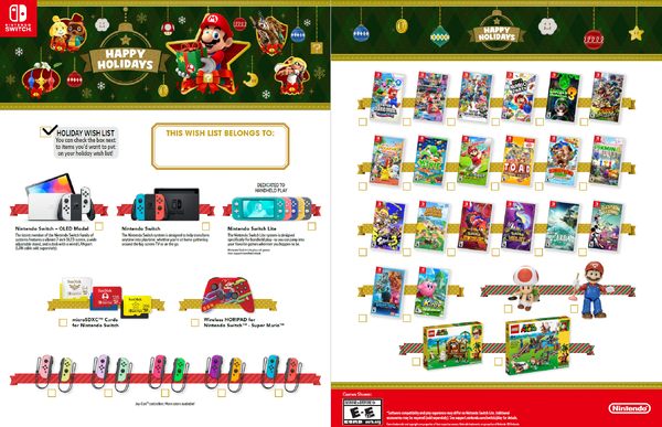 Preview of a printable holiday wish list featuring Nintendo products