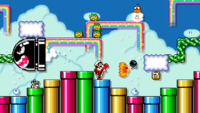A sky theme in the Super Mario World style with various enemies