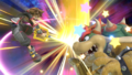 Sora mid-attack on Bowser in his Kingdom Hearts III costume