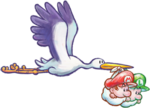 Artwork of the Stork carrying Baby Mario and Baby Luigi in Yoshi's New Island