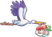 Artwork of a Stork carrying Baby Mario and Baby Luigi, from Yoshi's New Island.