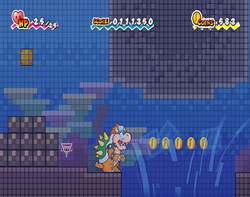 Bowser finding the first set of 5 Coins in The Tile Pool of Super Paper Mario.