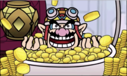 Wario bathing in money in WarioWare Gold