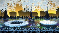 Mario near the Necklace after it was dropped by The Three Shadows in Boggly Woods of Paper Mario: The Thousand-Year Door for Nintendo Switch.