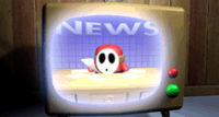 A Shy Guy as a newscaster in the introduction of Mario vs. Donkey Kong.