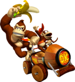 Artwork of Donkey Kong and Diddy Kong, riding the DK Jumbo from Mario Kart: Double Dash!!