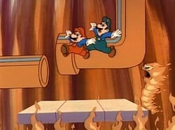 "Princess Toadstool for President" - Mario and Luigi preparing to zoom offscreen, while a Firesnake is about to give chase.