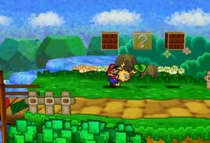 Image of Mario revealing a hidden ? Block in Pleasant Path, in Paper Mario.