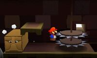 Mario floating in midair after being pushed off a moving sawblade platform in Chomp Ruins.