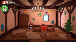 Mario standing near a wardrobe containing a 100-Coin in Toad Town of The Origami King.