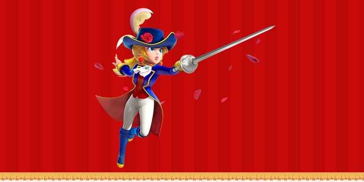 Artwork of Swordfighter Peach from Princess Peach: Showtime! shown with the first question in the It’s Peach time! quiz