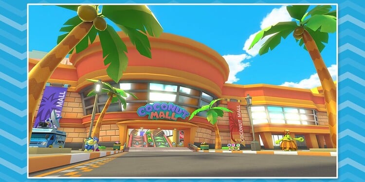 Screenshot of Wii Coconut Mall from the Mario Kart 8 Deluxe – Booster Course Pass paid DLC, shown alongside the second question of Nintendo Switch System Games Online Quiz