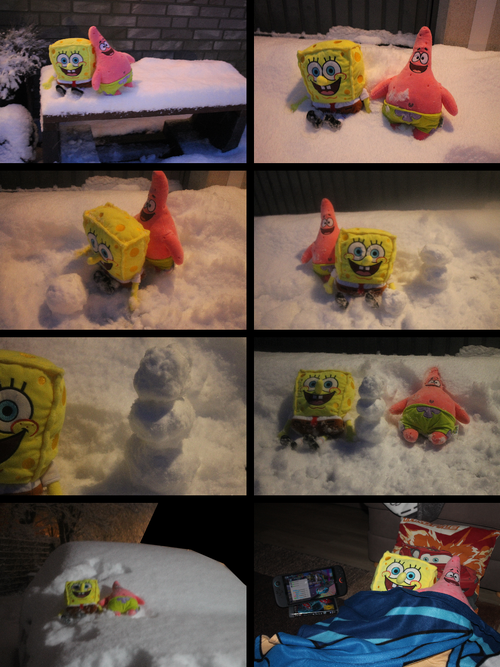 Eight photographs are shown in comic format, arranged left to right, top to bottom. The first shows SpongeBob and Patrick sitting on a snowy bench. The second shows Spongebob and Patrick sitting in snow and having fun. The third shows SpongeBob rolling a snowball for making a snowman. The fourth shows SpongeBob and Patrick with an almost-completed snowman with two stacked snowballs, with SpongeBob having a third snowball. In the fifth, the snowman is 100% complete. In the sixth, SpongeBob and Patrick lie on the snow on each side of the snowman, while the seventh panel shows SpongeBob and Patrick on the hood of a snowy car (they can't do anything else due to the fact SpongeBob does not have a driving license). In the eighth and final image, SpongeBob and Patrick are inside a house and under a blanket, with a powered Nintendo Switch 2 in front of SpongeBob and Patrick (maybe just for wasting the Switch 2's battery).