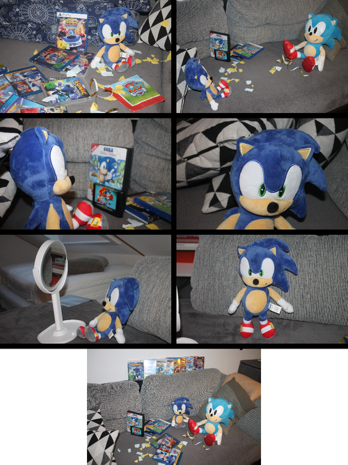 Seven photographs are shown in comic format, arranged left to right, top to bottom. In the first, Sonic is at his 35th anniversary party (he is 35 now, with his first appearance in 1991). Behind him are some Sonic games and movies (but there is no copy of the third movie, for some reason). The second shows him spotting Classic Sonic (AKA the Sonic from the Mega Drive/Genesis Games, who maybe used the power of time travel to join the party) with a copy of Sonic 1 for the Master System and a copy of Sonic 2 for the Mega Drive. The third shows Modern Sonic seeing the two games looking confused, as if thinking "Do I really look like that?" due to the games featuring a different, classic Sonic design (maybe SEGA should add the classic sonic and other Classic Characters to CrossWorlds). The fourth shows Modern Sonic still contemplating the matter, while in the fifth, he goes over to a mirror to look at himself. In the sixth, Modern Sonic is relieved to find he isn't that as large as Classic Sonic. In the seventh and final image, Modern Sonic And Classic Sonic are back together and enjoying the 35th anniversary party (along with Tails, Knuckles, and co. presumably offscreen).