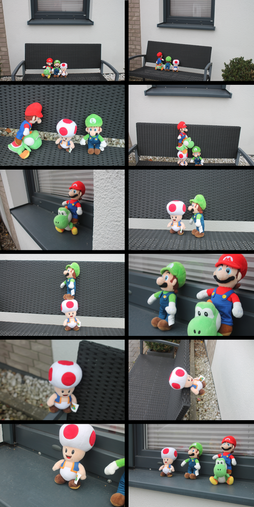 Twelve photographs are shown in comic format, arranged left to right, top to bottom. In the first, Mario on Yoshi, Luigi, and Toad all are sitting on a bench. In the second, all of them turn around on the bench and see the window. In the third, Mario, still on Yoshi, prepares to jump on Toad's head to get a bigger jump (say hello to multiplayer in New Super Mario Bros. games and Super Mario 3D World). The fourth shows Mario and Yoshi jumping on Toad's head to reach the window. The fifth shows Mario And Yoshi have jumped up to the window. The sixth panel, Luigi also prepares to jump on Toad's head to get to the window. In the seventh, Luigi does jump on Toad's head to reach the window. The eighth panel shows Luigi has reached the window, with Mario and Yoshi also in view. The ninth panel shows Toad on top of the bench's armrest as he prepares to reach the window. In the tenth, Toad is at the top of the bench, ready to jump to the window. The eleventh panel shows Toad has finally jumped onto the windowsill, while the twelfth and final panel shows Mario, Yoshi, Luigi, and Toad all on the windowsill looking outside together.