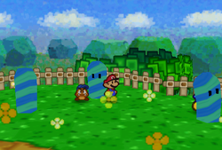 Mario finding Honey Syrup in Pleasant Path of Paper Mario.