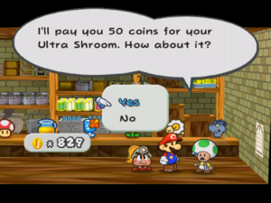 Screenshot of Mario selling an Ultra Shroom in Paper Mario: The Thousand-Year Door.
