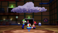 Mario and Luigi performing a Bros. Attack that creates a thunderstorm to attack enemies