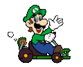 Luigi driving by and waving.