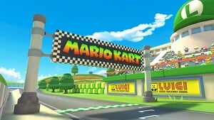View of the starting line for N64 Luigi Raceway