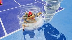Bowser hurt by the tornado effect of the Ty-foo Racket in Mario Tennis Fever