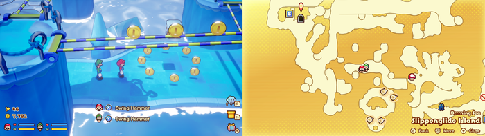 Mario and Luigi near 8 Coins on Slippenglide Island of Mario & Luigi: Brothership.