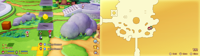Mario and Luigi near a 10-Coin in the illusionary Mushroom Kingdom area of Soli-Tree of Mario & Luigi: Brothership.