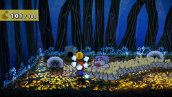 Mario getting a Coin from a bush in The Great Tree of Paper Mario: The Thousand-Year Door for Nintendo Switch.