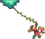 Artwork of Baby DK swinging from a vine on Red Yoshi from Yoshi's Island DS