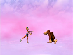 Donkey Kong singing to Candy Kong, as seen in Raiders of the Lost Banana from the Donkey Kong Country television series.