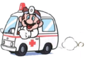 Dr. Mario riding an ambulance.